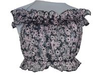 Dámský tmavomodro-růžový kytičkovaný tylový crop top s lodičkovým výstřihem