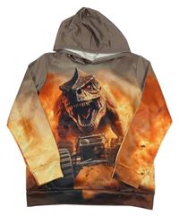 Béžovo-oranžová sportovní mikina s dinosaurem a kapucí