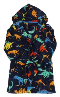 Tmavomodrý chlupatý župan s dinosaury a kapucí 
