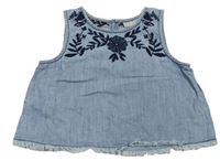 Světlemodrý riflový lehký crop top s vyšitými květy Matalan