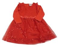 Červené bavlněno/tylové šaty s flitry 