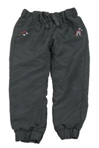 Tmavošedé šusťákové zateplené kalhoty s duhou a srdíčky Topolino