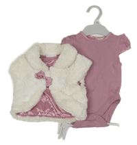 Nové - 2set - Růžové body + bílá kožešinová vesta 