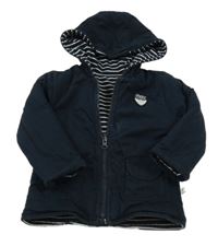 Tmavomodrá propínací oboustranná podšitá mikina s nášivkou a kapucí 