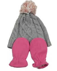 2set - Šedá pletená vzorovaná čepice + růžové fleecové rukavice 