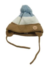 Hnědo-bílo-světlemodrá čepice s bambulí DopoDopo 