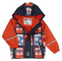 Tmavomodro-červená nepromokavá jarní bunda s auty a kapucí Lupilu