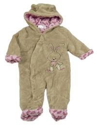 Béžová chlupatá podšitá kombinéza se zajíčkem a kapucí Ergee