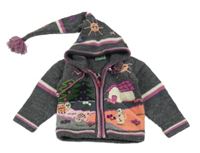 Šedo-růžový propínací vlněný svetr se zvířátky a kapucí Pulgar