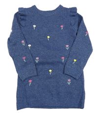 Tmavomodrý dlouhý svetr s kytičkami a volánky Primark