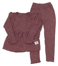 2set - Růžový melírovaný žebrovaný svetr s volánky + kalhoty 