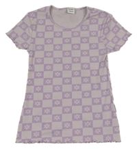 Světlefialovo-fialové kostkované žebrované tričko s květy Y.F.K. vel. 176