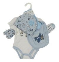 Nové - 5set - Bílé body + modrý bryndák + čepice + ponožky + rukavice Duck Duck
