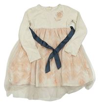 Smetanovo-světlerůžové šaty s pírky a tylem a zavazováním Billieblush