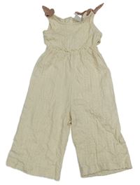 Smetanový žebrovaný vzorovaný kalhotový culottes overal s mašlemi ZARA