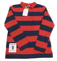 Nové - červeno-tmavomodré pruhované triko s nášivkou s číslem a límečkem Sfera