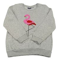 Světlešedá melírovaná mikina s plameňákem s překlápěcími flitry lupilu