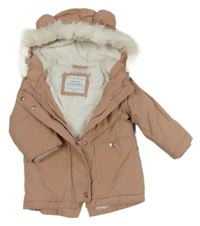 Pudrová šusťáková zimní parka s kapucí s kožešinou a oušky PRIMARK