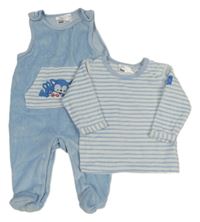 2Set - Světlemodré sametové dupačky s kapsou se zvířátky + světlemodro/bílá pruhovaná mikina Ergee