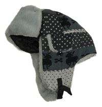 Tmavošedo-černá vzorovaná zateplená beranice s kožešinou 