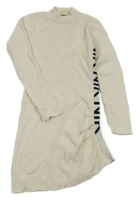 Smetanová šatová asymetrická tunika s nápisem a nařasením a rolákem NIK&NIK