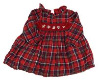 Červeno-tmavomodro-bílo-žluté kostkované šaty se zvířátky a kytičkami a volánkem Nutmeg