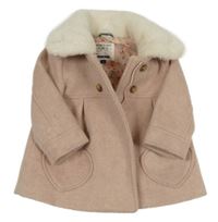 Pudrový melírovaný flaušový podšitý kabát s kožešinovým límečkem C&A