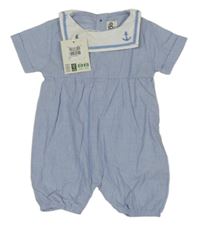 Nové - světlemodrý melírovaný plátěný kraťasový námořnický overal s límcem s kotvami Jojo Maman Bébé