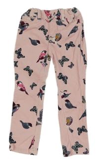 Světlerůžové elastické manšestráky s motýlky a ptáčky H&M