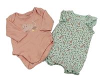 2set - Mátový květovaný bavlněný kraťasový overal + růžové body s kočkou