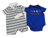 2set - Safírové body se žralokem a nápisem + bílo-černý pruhovaný bavlněný kraťasový polo overal