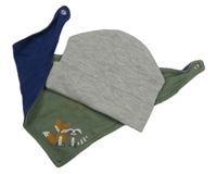 2set - Šedá melírovaná bavlněná čepice + khaki slinták se zvířaty