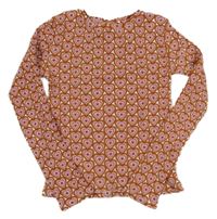 Bílo-hnědo-starorůžové žebrované triko se srdíčky Zara