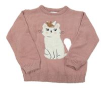 Starorůžový chlupatý svetr s kočkou s překlápěcími flitry Sinsay