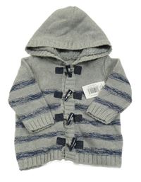 Nové - Šedo-tmavomodrý pruhovaný propínací svetr s kapucí Matalan