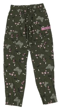 Khaki květované plátěné cargo cuff kalhoty s motýly Kids