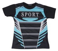 Černo-modro-bílé vzorované sportovní tričko s nápisem
