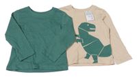 Nové - 2x triko - tmavozelené + béžové dinosaurem Primark