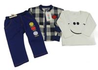 Nové - 3 set - tmavomodré tepláky se smajlíky + bílé triko + tmavomdro-smetanová kostkovaná mikina 