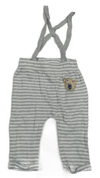 Šedo-bílé pruhované tepláky s medvědem a kšandami Ergee