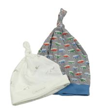 2x čepice - bílá s ptáčky + šedá s barevnými auty 