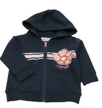 Tmavomodrá propínací mikina s pruhem a květem a kapucí 