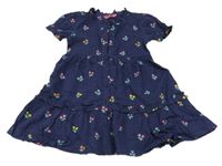 Tmavomodré šaty s barevnými kvítky 