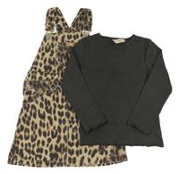 2 set - tmavošedé žebrované triko + béžovo-tmavošedé leopardí laclové riflové šaty F&F
