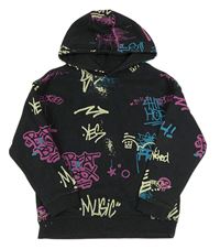 Černá mikina s graffiti a kapucí Primark 