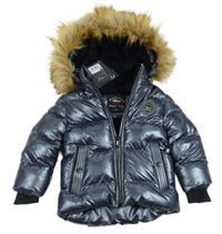 Nové - Šedomodrá lesklá šusťáková zimní bunda s kapucí s kožešinou Black Tuna 