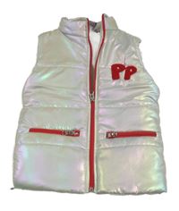 Bílo-červená šusťáková třpytivá zateplená vesta s písmeny 