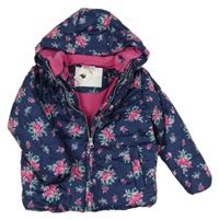 Tmavomodrá květovaná šusťáková zimní bunda s kapucí 