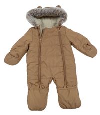 Hnědá šusťáková zimní kombinéza s kapucí s kožešinou George