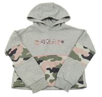 Světlešedo-khaki-růžovo-tmavošedá crop mikina s nápisem a army prvky a kapucí F&F